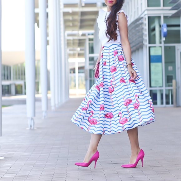 Pink Flamingo Nautical Blue White Stripe High Waisted Full Midi Skirt - Picture 10 of 16